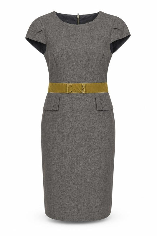 Front view of Next Women’s Grey Sheath Work Dress, size UK 14, with Velvet Belt