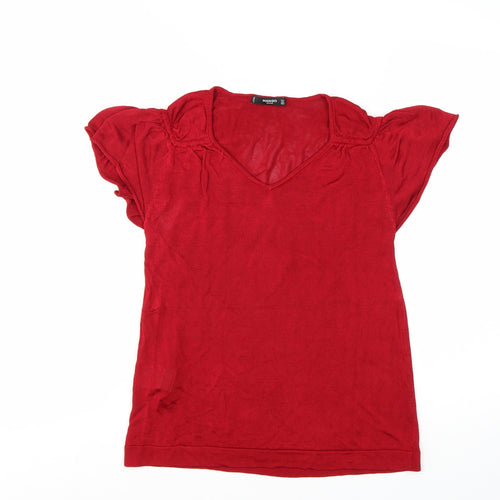 Mango Women Red Viscose V-Neck Short Sleeve Pullover Jumper Size 12