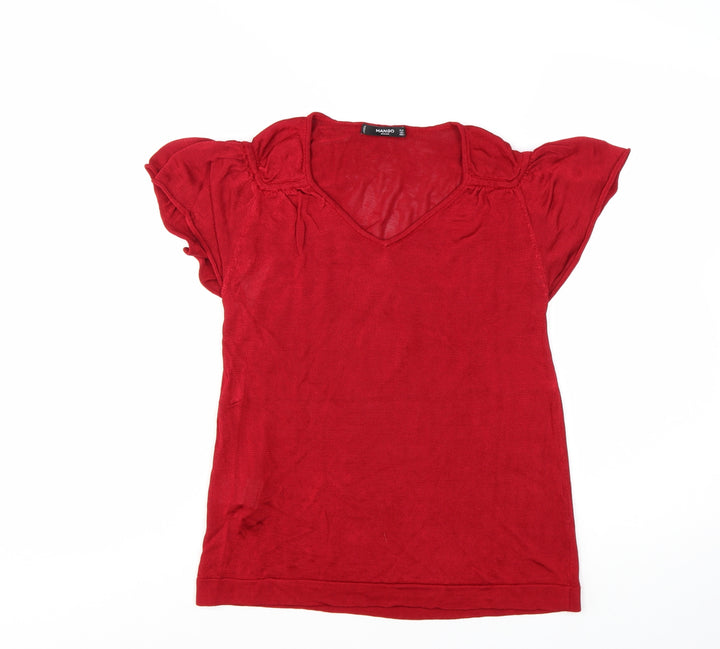 Mango Women Red Viscose V-Neck Short Sleeve Pullover Jumper Size 12