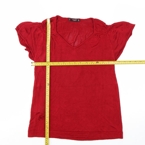 Mango Women Red Viscose V-Neck Short Sleeve Pullover Jumper Size 12