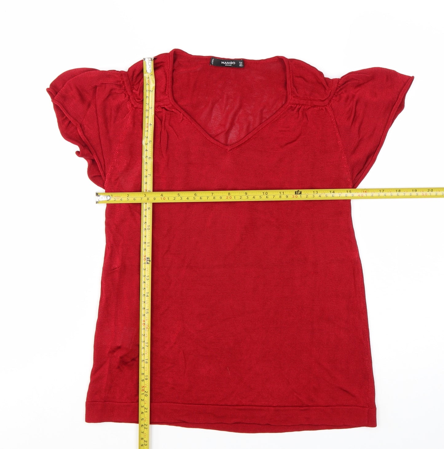 Mango Women Red Viscose V-Neck Short Sleeve Pullover Jumper Size 12