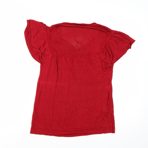Mango Women Red Viscose V-Neck Short Sleeve Pullover Jumper Size 12