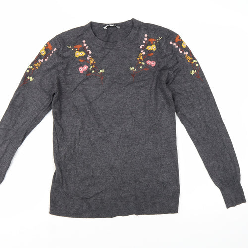 Warehouse Women’s Grey Floral Embroidered Knit Jumper Size 8