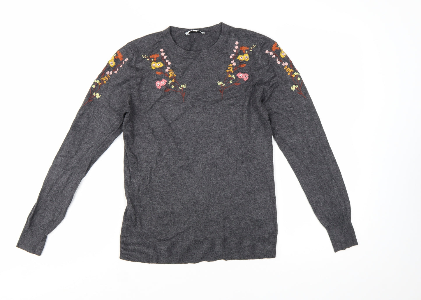 Warehouse Women’s Grey Floral Embroidered Knit Jumper Size 8