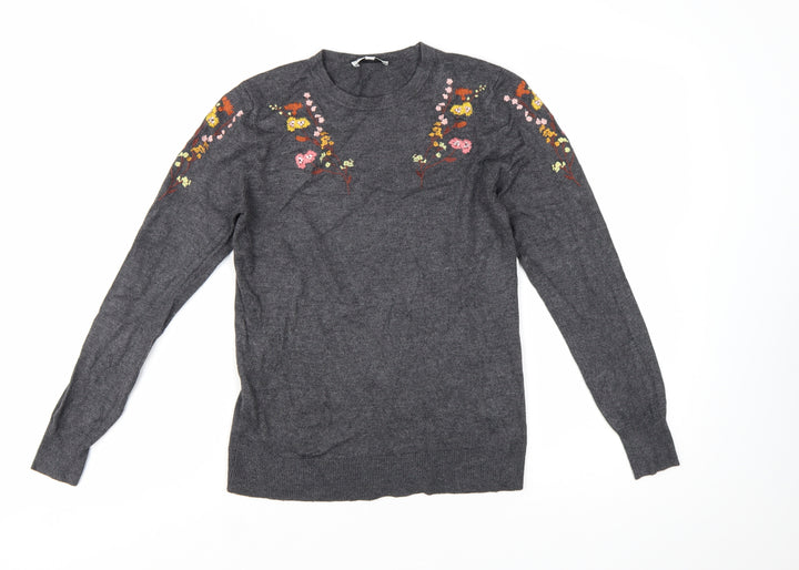 Warehouse Women’s Grey Floral Embroidered Knit Jumper Size 8