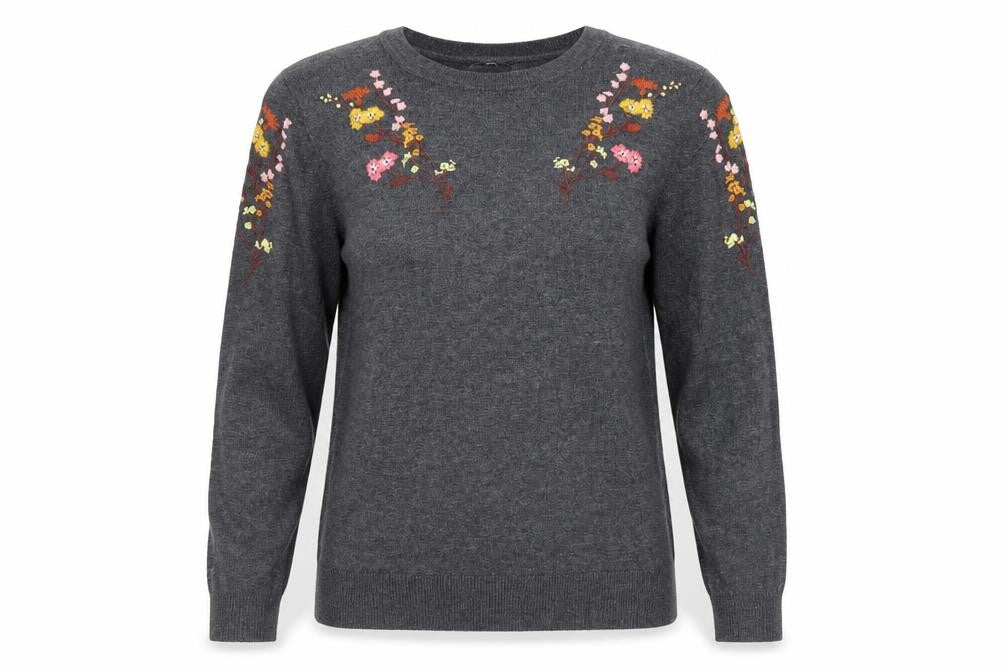 Warehouse Women’s Grey Floral Embroidered Knit Jumper Size 8