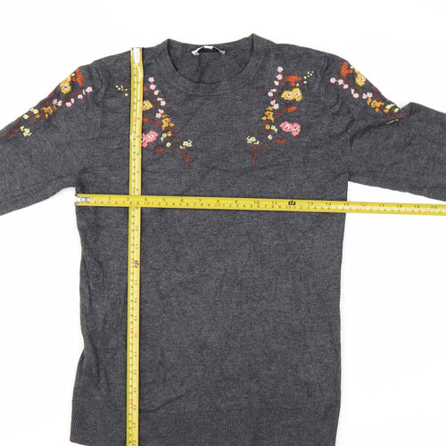Warehouse Women’s Grey Floral Embroidered Knit Jumper Size 8