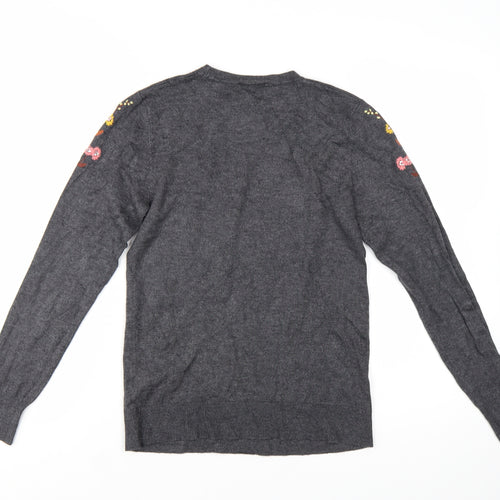 Warehouse Women’s Grey Floral Embroidered Knit Jumper Size 8