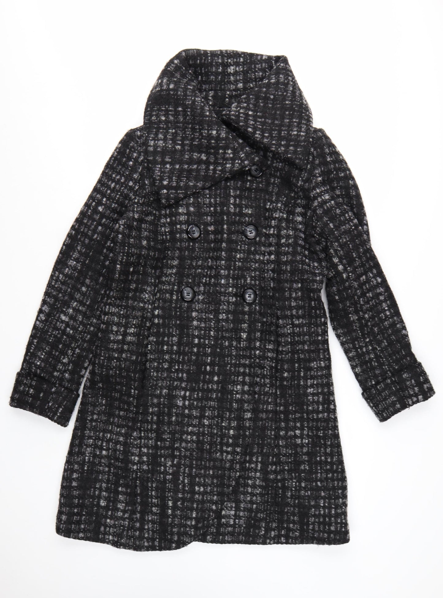 Marks and Spencer Per Una Women's Black Wool Blend Check Long Coat Size 12