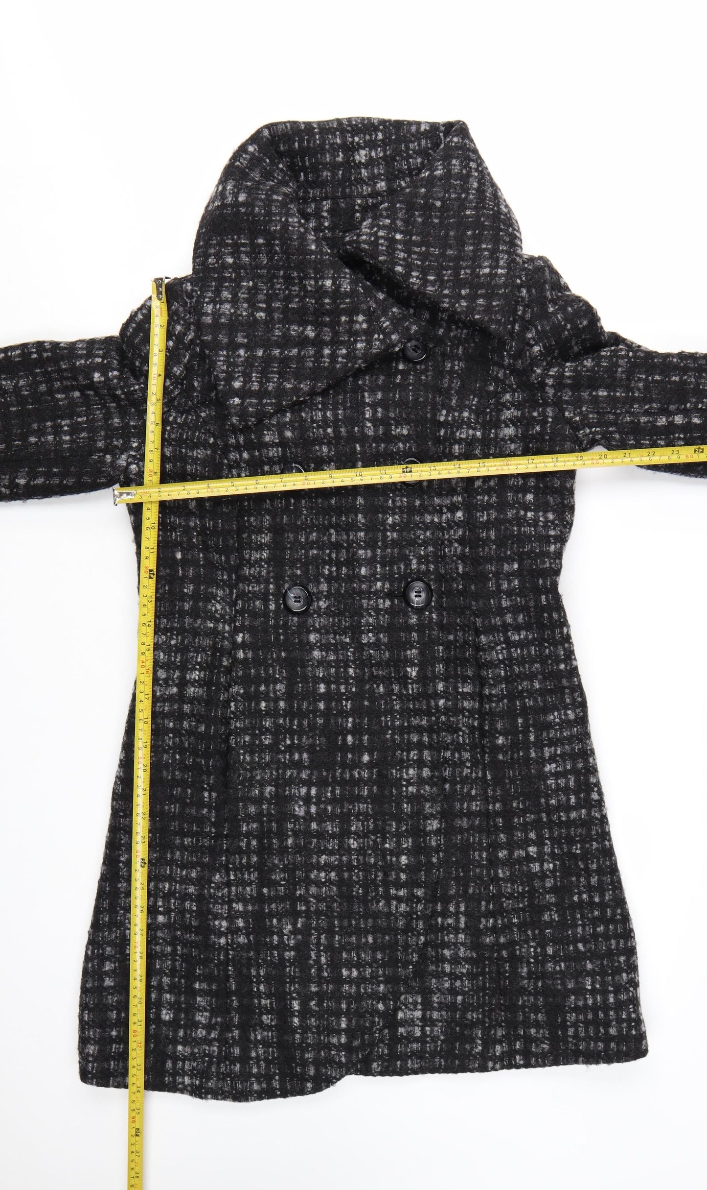 Marks and Spencer Per Una Women's Black Wool Blend Check Long Coat Size 12