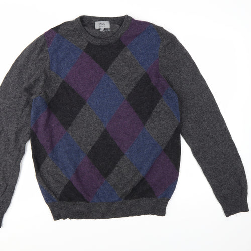 Marks and Spencer Men's Grey Argyle Wool Jumper L Classic Fit