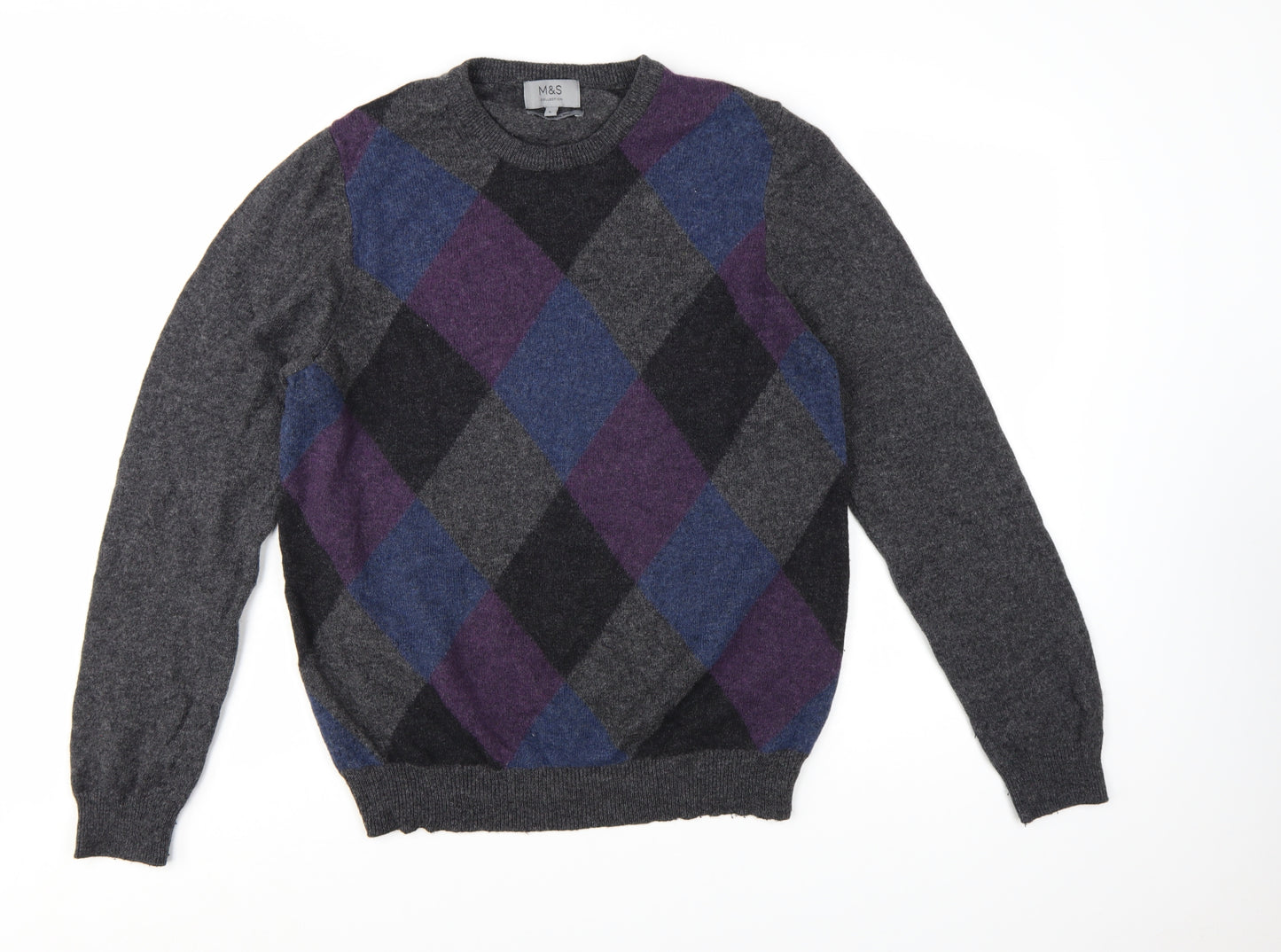 Marks and Spencer Men's Grey Argyle Wool Jumper L Classic Fit