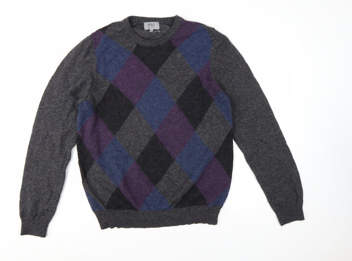 Marks and Spencer Men's Grey Argyle Wool Jumper L Classic Fit