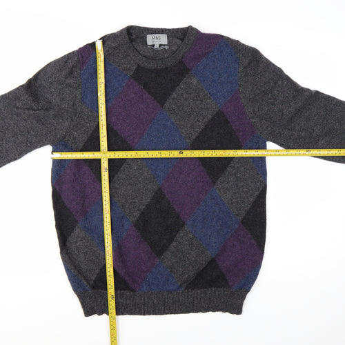Marks and Spencer Men's Grey Argyle Wool Jumper L Classic Fit
