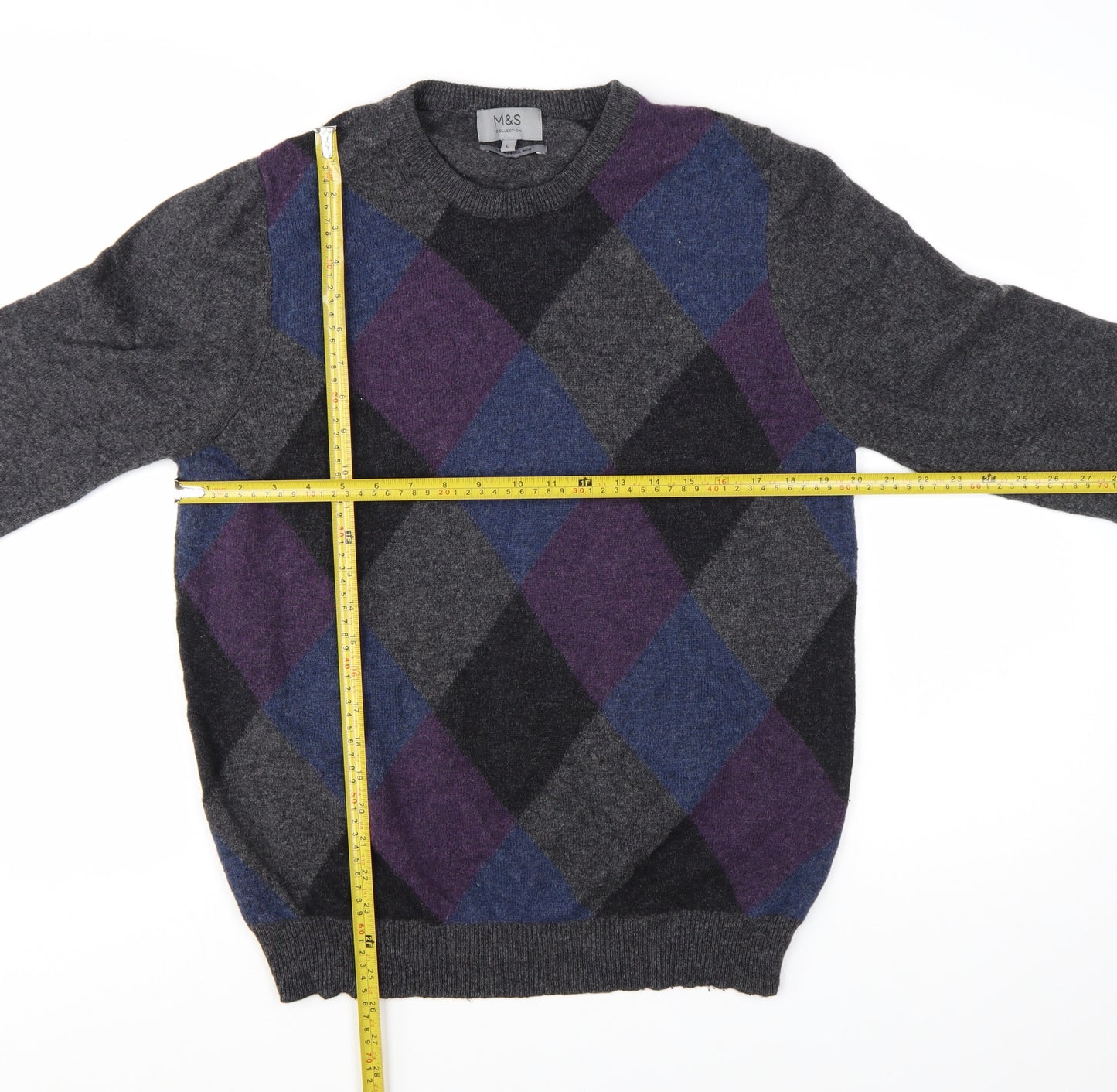 Marks and Spencer Men's Grey Argyle Wool Jumper L Classic Fit