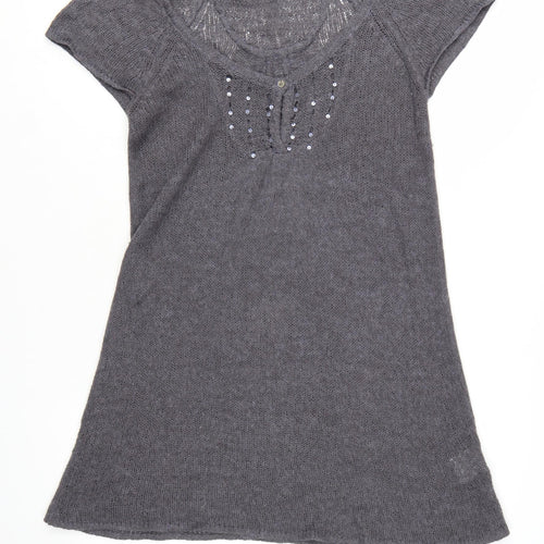White Stuff Women's Grey Tunic Jumper Size 12 Beaded Knit Short Sleeve