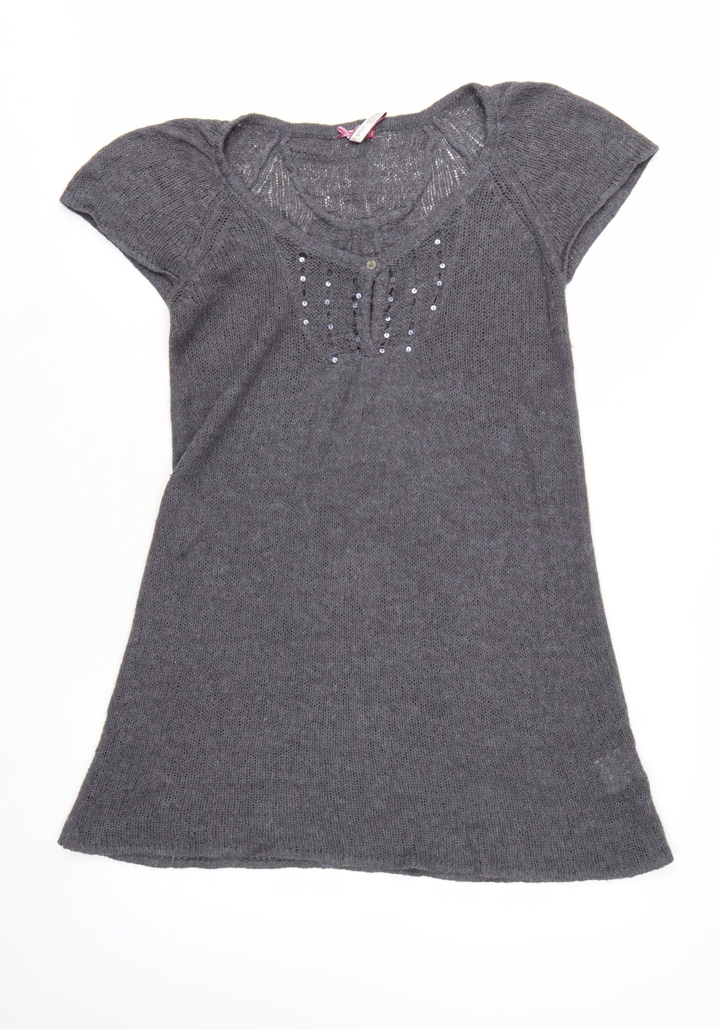 White Stuff Women's Grey Tunic Jumper Size 12 Beaded Knit Short Sleeve