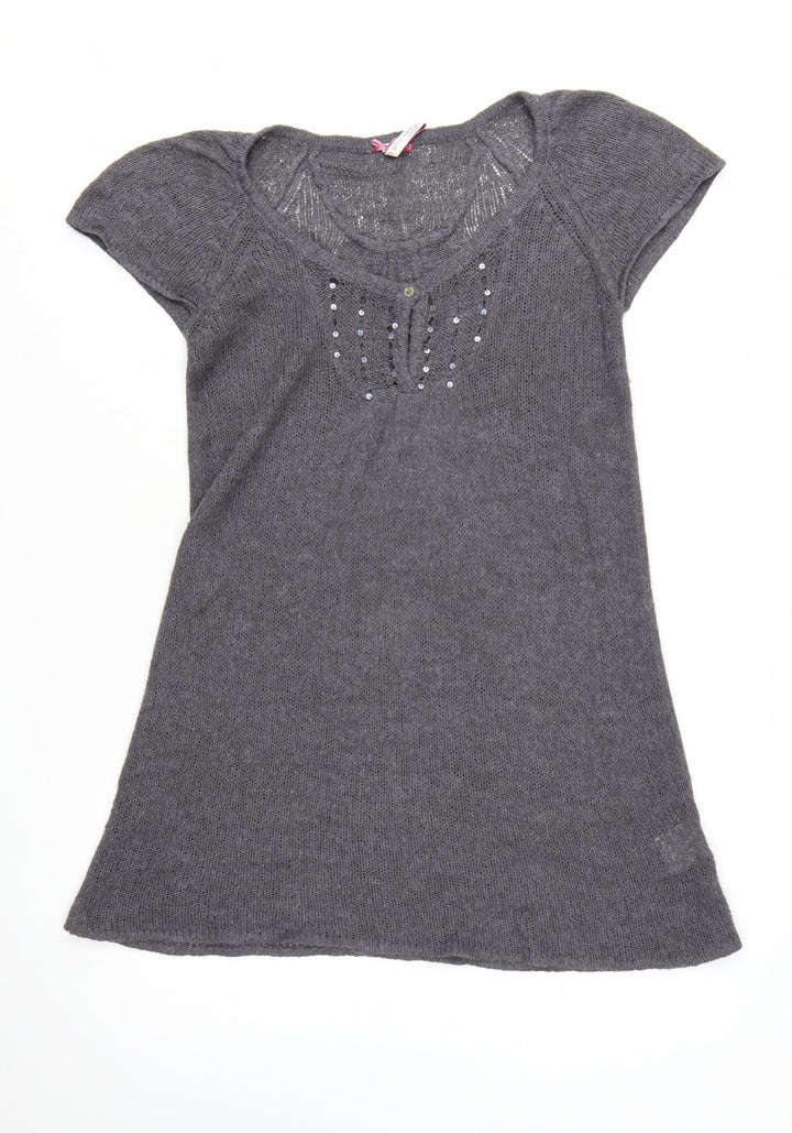 White Stuff Women's Grey Tunic Jumper Size 12 Beaded Knit Short Sleeve