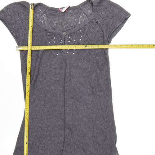 White Stuff Women's Grey Tunic Jumper Size 12 Beaded Knit Short Sleeve