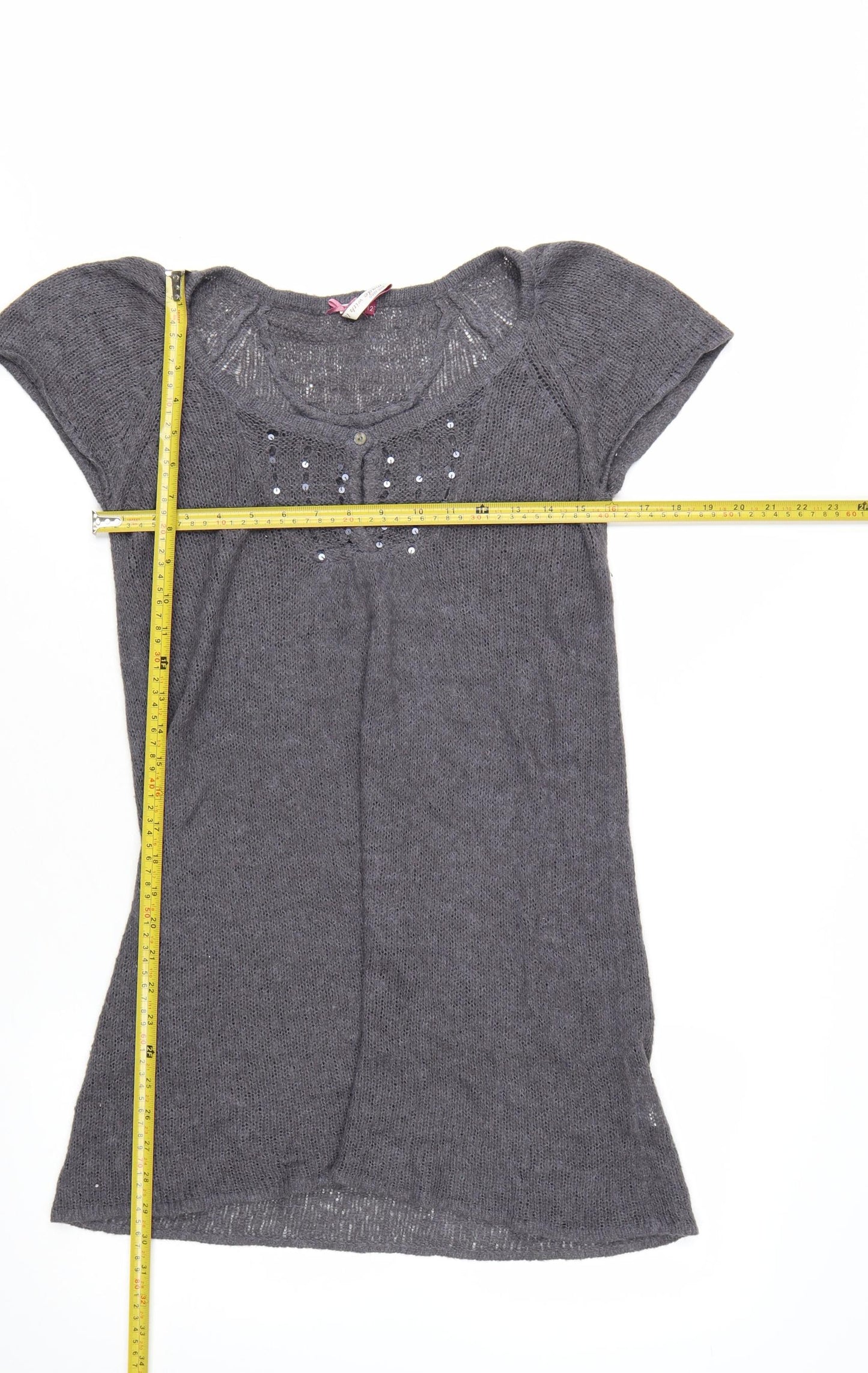 White Stuff Women's Grey Tunic Jumper Size 12 Beaded Knit Short Sleeve