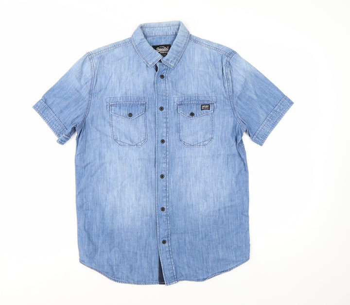 Superdry Men's Blue Denim Short Sleeve Button-Up Shirt Size S