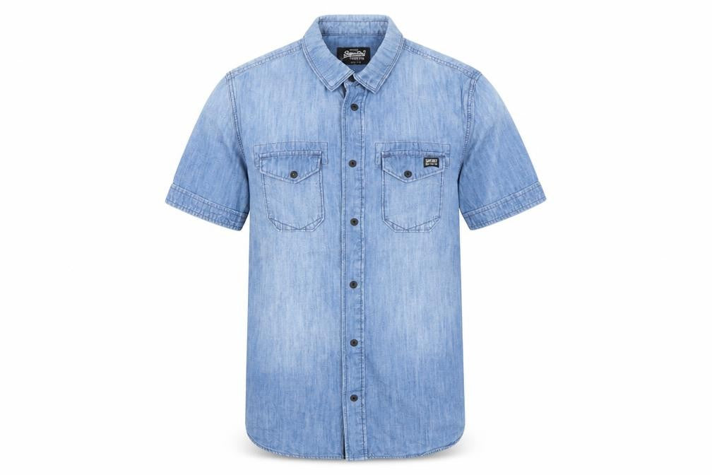 Front view of Superdry Men's Blue Denim Short Sleeve Button-Up Shirt, size S