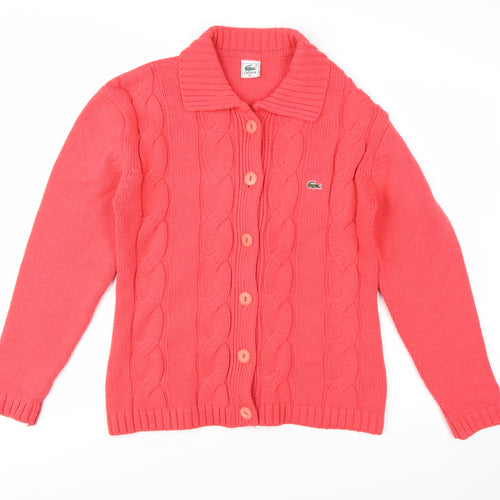 Lacoste Women's Pink Collared Cable-Knit Cotton Cardigan XL
