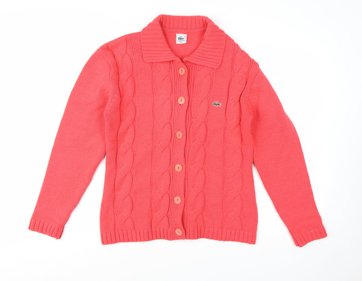 Lacoste Women's Pink Collared Cable-Knit Cotton Cardigan XL