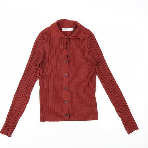 Zara Women's Red Collared Ribbed Button-Up Knit Cardigan Size S