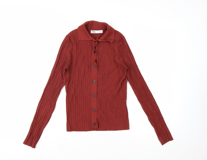 Zara Women's Red Collared Ribbed Button-Up Knit Cardigan Size S