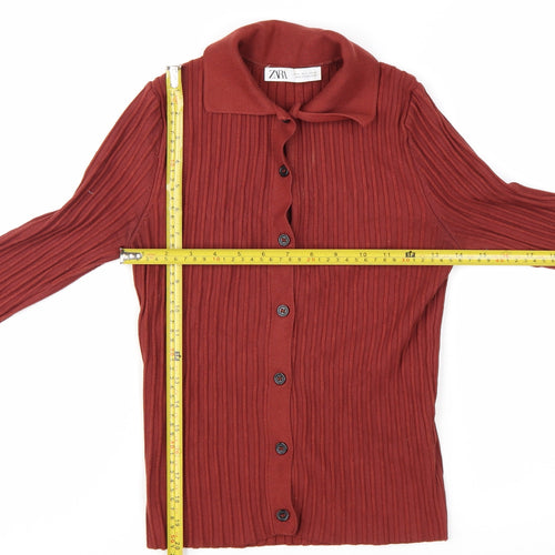 Zara Women's Red Collared Ribbed Button-Up Knit Cardigan Size S
