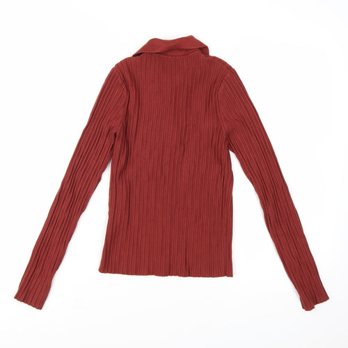 Zara Women's Red Collared Ribbed Button-Up Knit Cardigan Size S