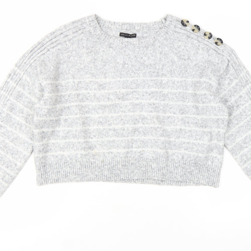 River Island Womens Grey Striped Crew Neck Button Detail Jumper Size M