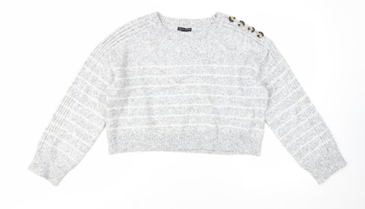 River Island Womens Grey Striped Crew Neck Button Detail Jumper Size M