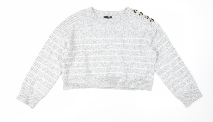River Island Womens Grey Striped Crew Neck Button Detail Jumper Size M