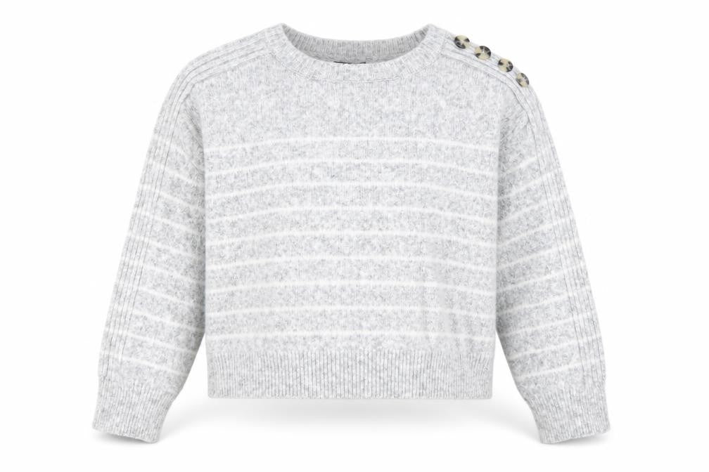 Front view of River Island women’s grey striped crew neck button detail jumper, size M