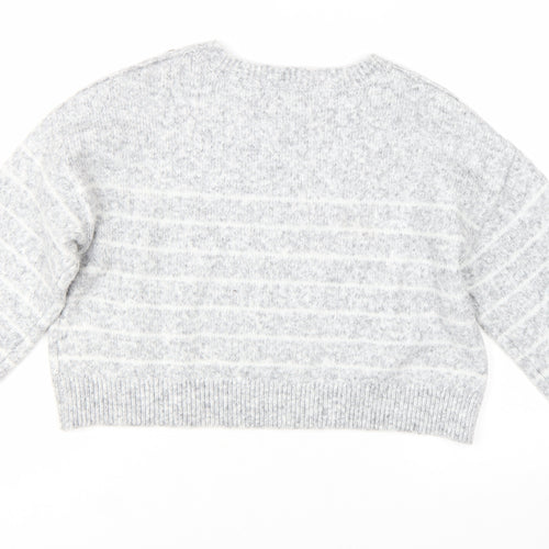 River Island Womens Grey Striped Crew Neck Button Detail Jumper Size M