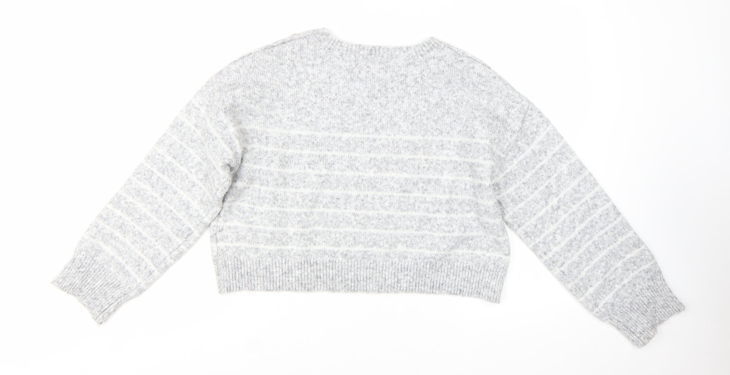 River Island Womens Grey Striped Crew Neck Button Detail Jumper Size M