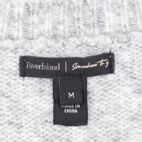 River Island Womens Grey Striped Crew Neck Button Detail Jumper Size M