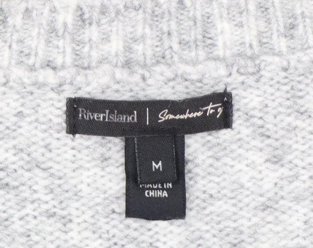 River Island Womens Grey Striped Crew Neck Button Detail Jumper Size M