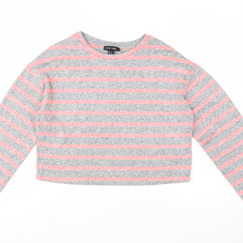 New Look Women's Grey Pink Striped Cropped Long Sleeve T-Shirt Size S