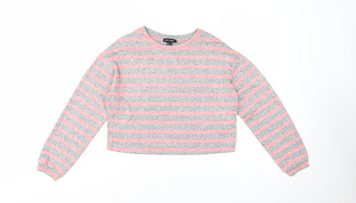 New Look Women's Grey Pink Striped Cropped Long Sleeve T-Shirt Size S
