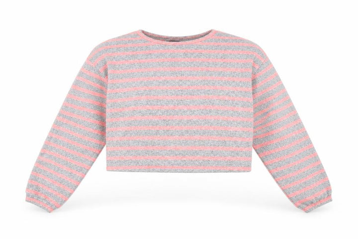New Look Women's Grey Pink Striped Cropped Long Sleeve T-Shirt Size S