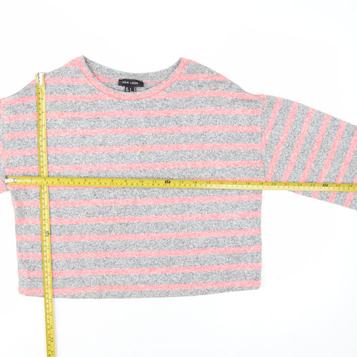 New Look Women's Grey Pink Striped Cropped Long Sleeve T-Shirt Size S