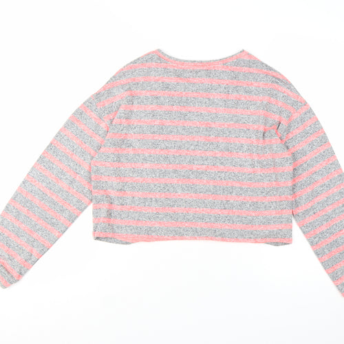 New Look Women's Grey Pink Striped Cropped Long Sleeve T-Shirt Size S