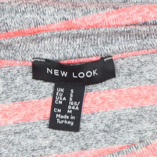 New Look Women's Grey Pink Striped Cropped Long Sleeve T-Shirt Size S