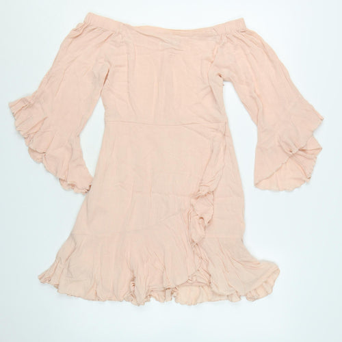 Pull & Bear Women’s Beige Off Shoulder Ruffle Boho Dress Size 8