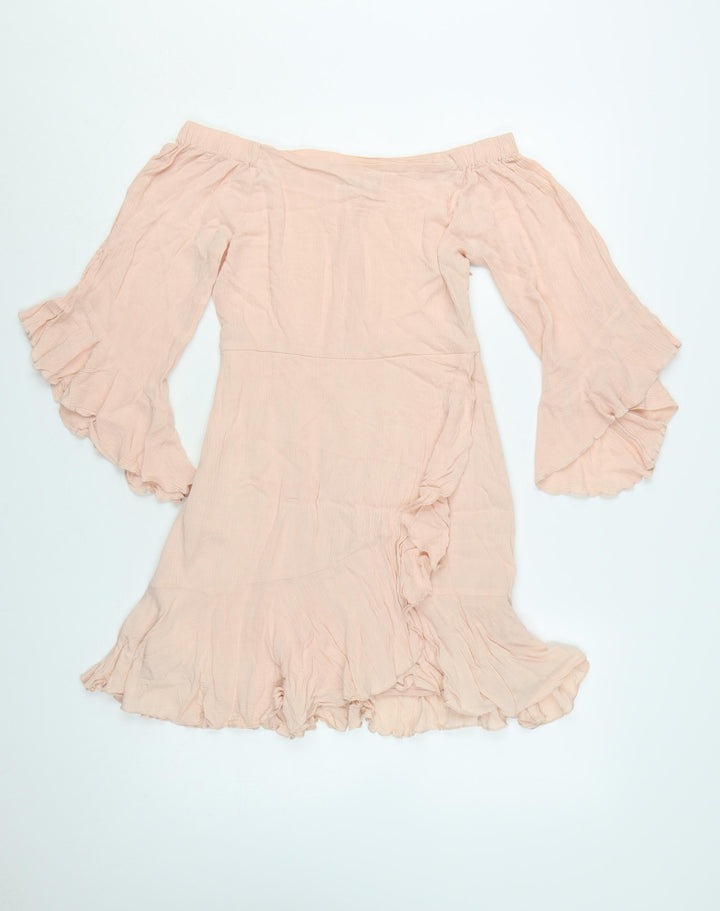 Pull & Bear Women’s Beige Off Shoulder Ruffle Boho Dress Size 8