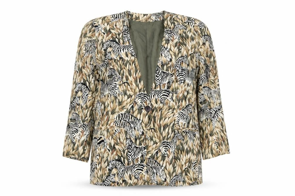 Front view of Regina Porter women’s multicoloured silk animal print blazer, size UK 10