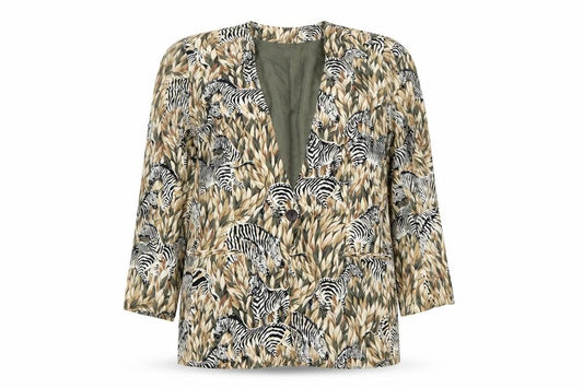 Front view of Regina Porter women’s multicoloured silk animal print blazer, size UK 10